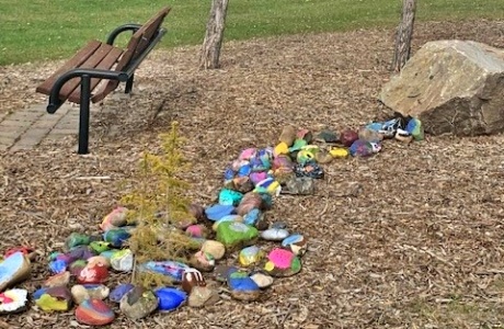 One of the many collaborative pieces of art created by members of the community.  Our River of Rocks is at Didsbury Memorial Park.